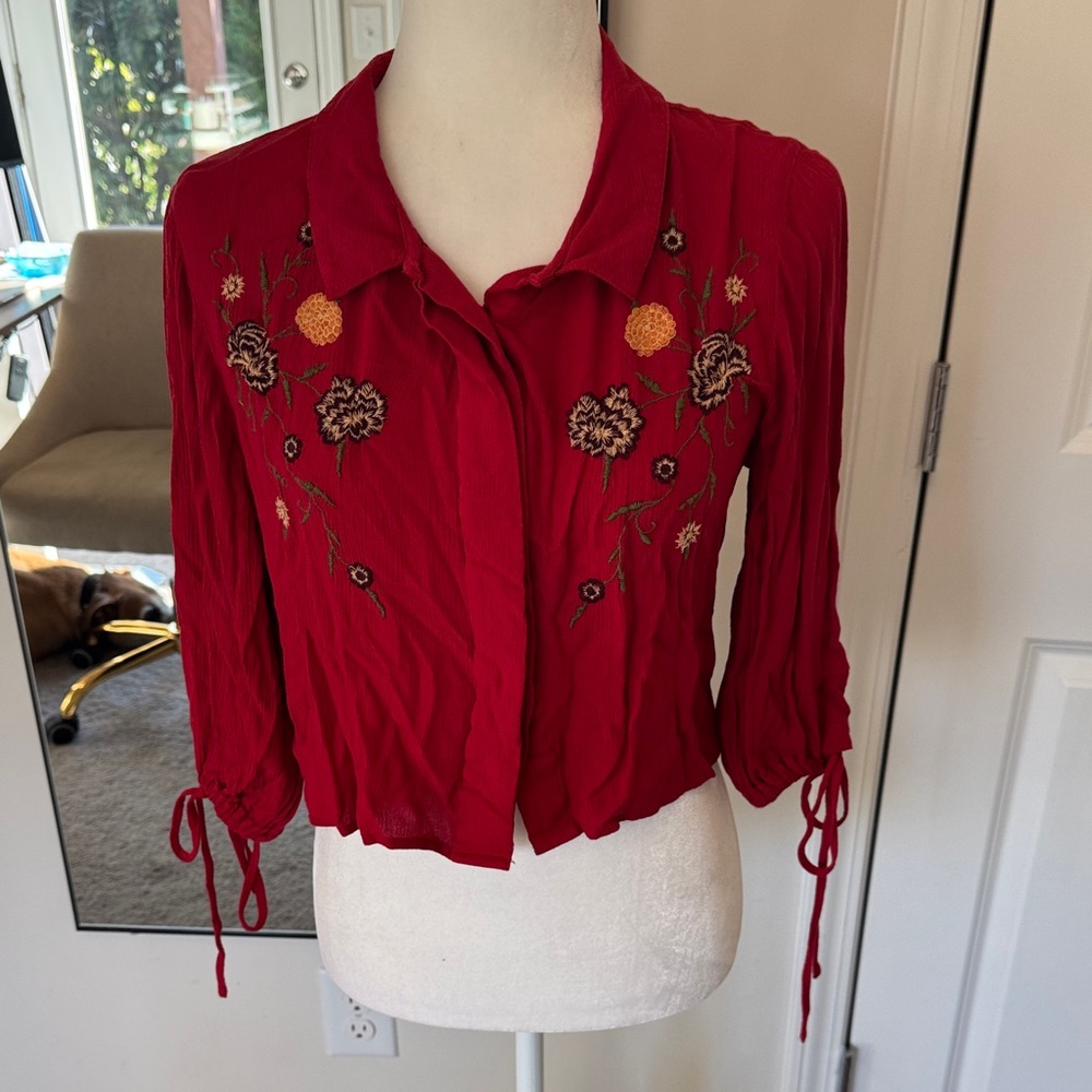 Red Floral Embroidered Blouse